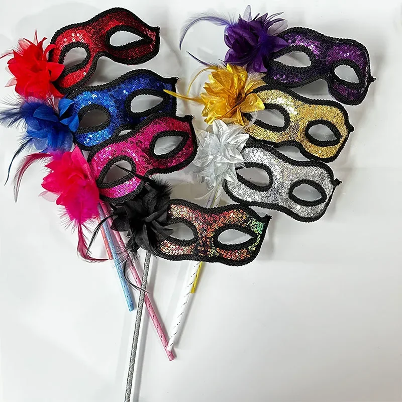 Flower Sequin Half Face Fox Cosplay Handheld Mask Female Leather Mask Eye Halloween Party Half Face Mask Adult Game Supplies