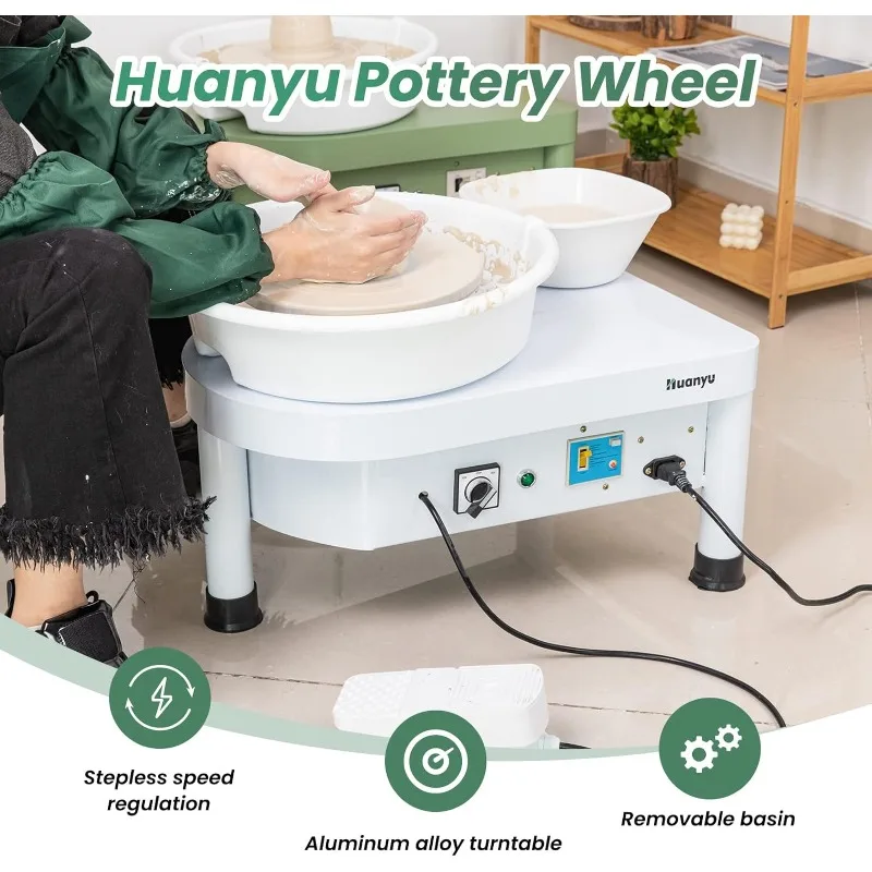 Huanyu 25CM Pottery Wheel Forming Machine with Foot Pedal, 350W Electric Pottery Machine with Detachable Basin and Bat Tools