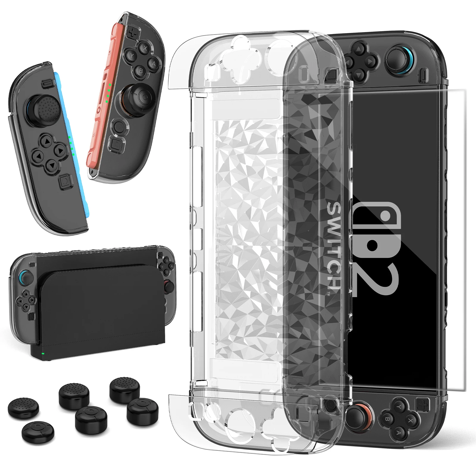For switch 2, diamond-textured protective case + keycaps + tempered film, game console protective case set, anti-drop protection