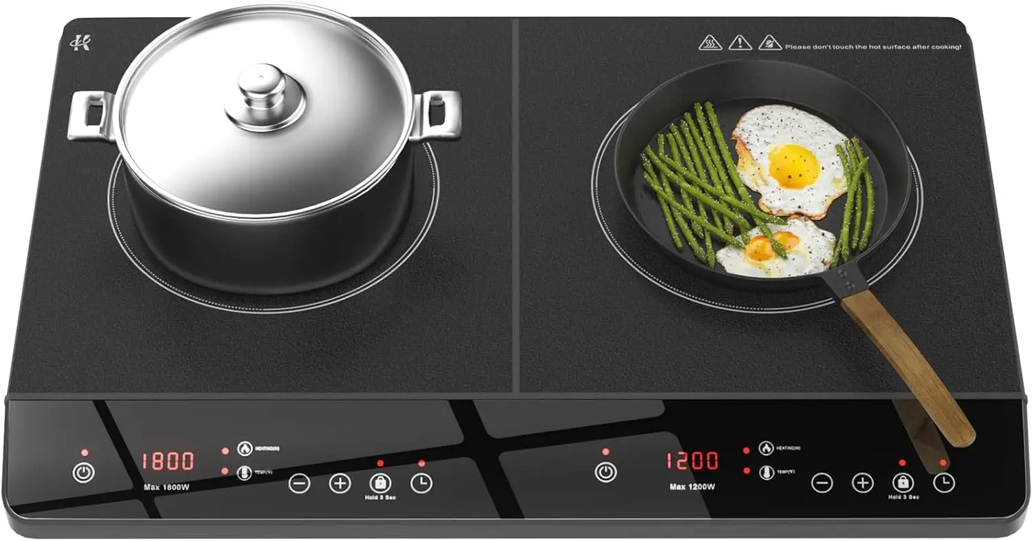 

Double Induction Cooktop, 1800W Portable Induction Cooktop 2 Burner Independent Touch Control, Ceramic Electric Stove with 9