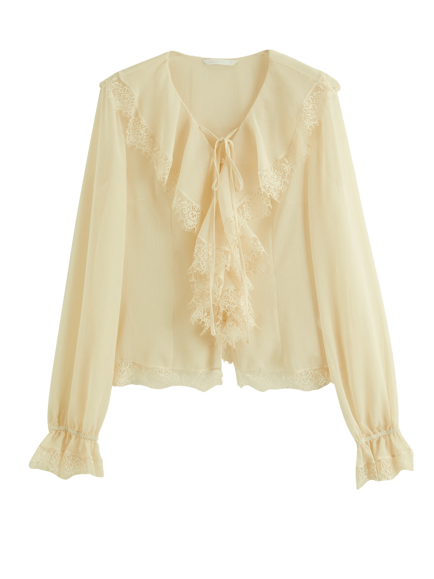 ZIQIAO 2026 Herbst Damen Bluse im französischen Stil mit V-Ausschnitt, Chiffon, Spitzenrüschen, Bindeband vorne, elegant, romantisch, langärmelig. – Detail 15