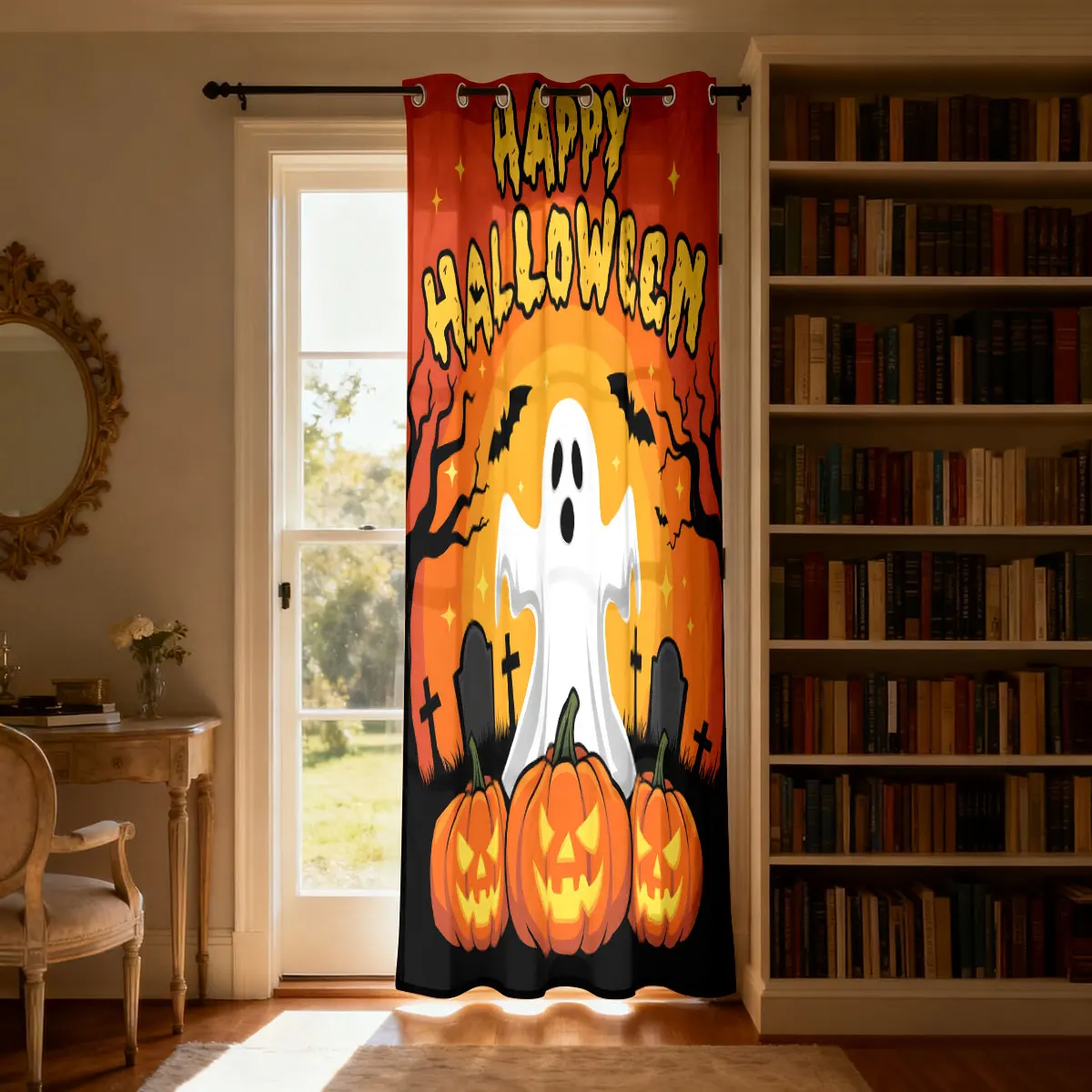 Happy Halloween Single Piece Loop Curtain Graveyard Ghost Pumpkin Bat Pattern Punch Hole Drape 1PC Living Room Bedroom Door W