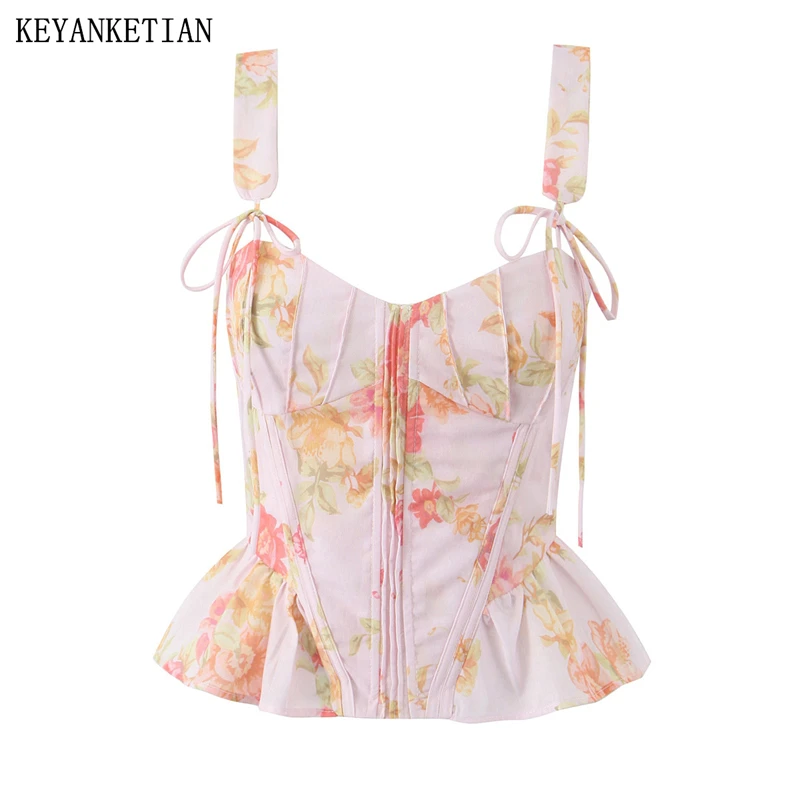 KEYANKETIAN 2025 New French Style Flower Print Women Sleeveless Tuniek Blouse Sheath Vest Bow Lace Up Slim Crop Corset Camisole