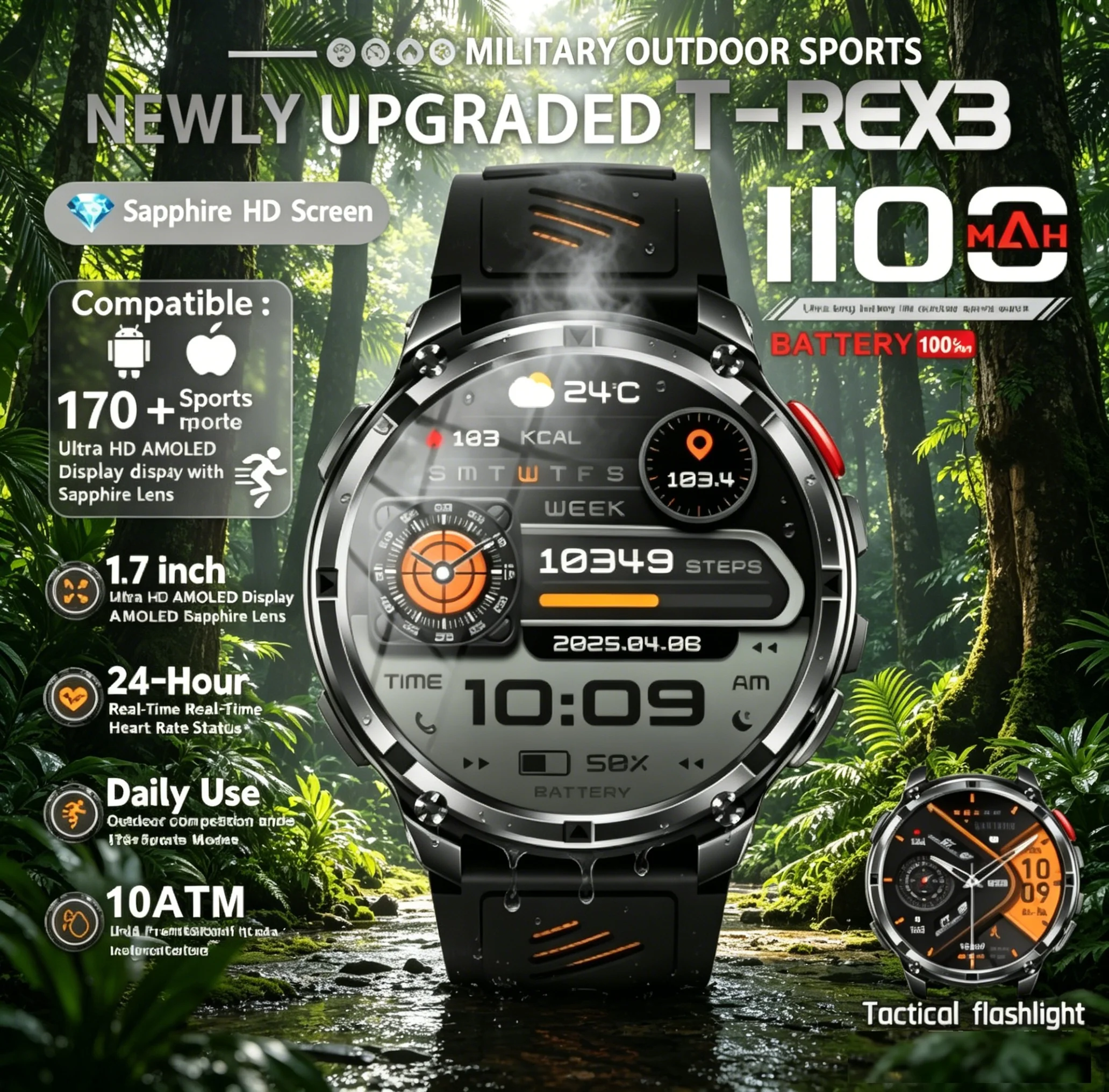 T-REX 3 Military Smartwatch Men 1100mAh Ultra Durable Batter
