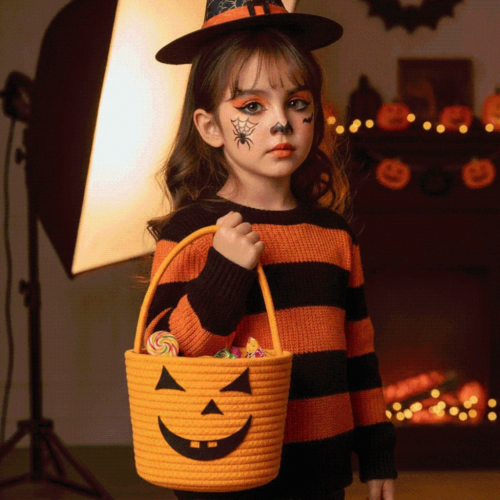 Cotton Pumpkin Candy Bucket Braided Portable Trick Treat Tote Eco-friendly Spacious Woven Storage Pouch Classroom