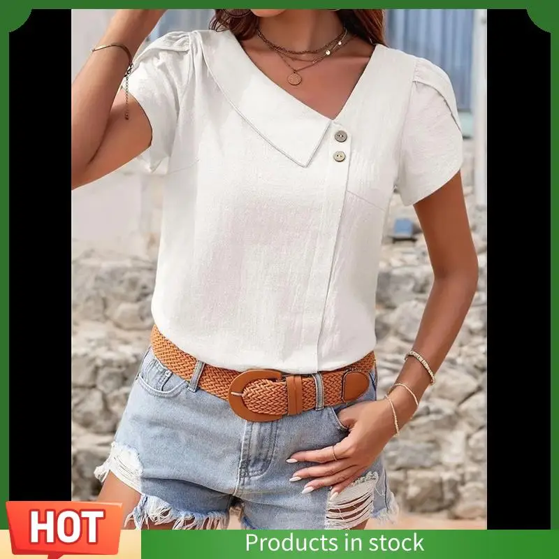 

Intuitive Linen Tops For Women Casual Collared Business Blouses Tops Puff Sleeve Crop Shirts Loose Summer Work Clothes