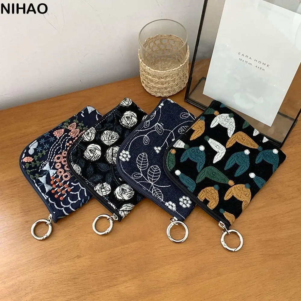 Portable Ethnic Style Coin Purse Flower Key Ring Cute Zero Wallet Cotton Linen Zipper Pouch Embroidery Storage Bag Earphone Bag