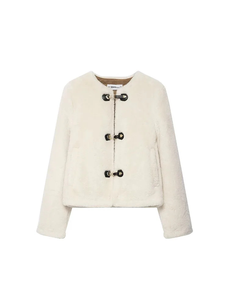 HH Women's Autumn And Winter New Double-Sided Jacket With Knot Buckle, Faux Fur Decoration, Slimming Short Style Jacket