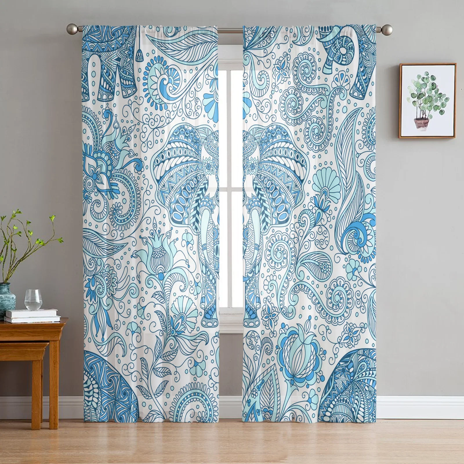 Bohemian Elephant Texture Flowers Sheer Curtains for Living Room Decoration Window Curtain Kitchen Tulle Voile Organza Drapes