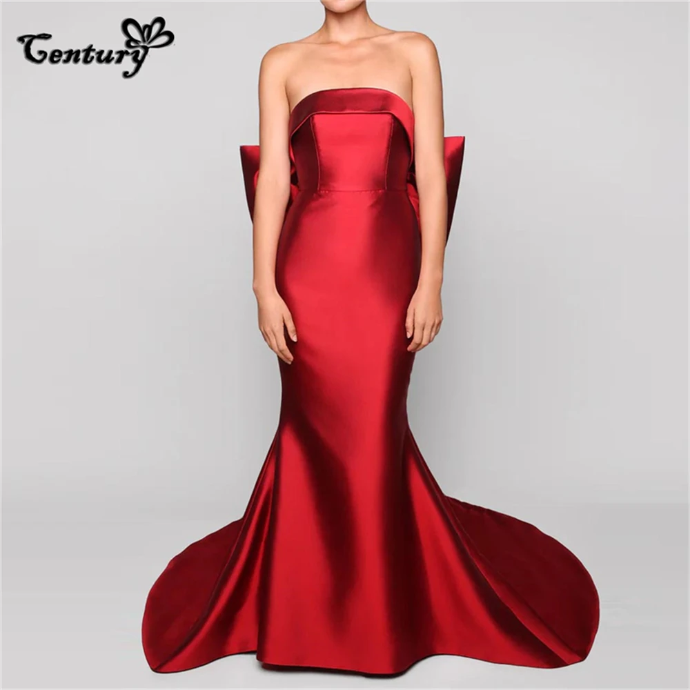 Dark Red Prom Dress Long 2023 Big Bow Strapless Sweep Train Satin Mermaid Formal Evening Party Gowns Robe De Soiree Customized