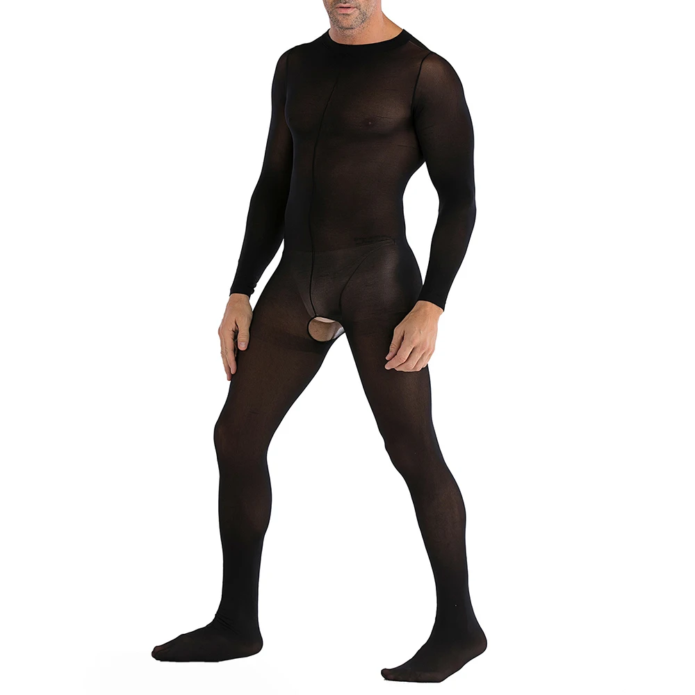 

Men's Sexy Sheer Bodysuit Man-Open Crotch Pantyhose Transparent Stockings Jumpsuit Male Sissy Crotchless Full Body Stockings