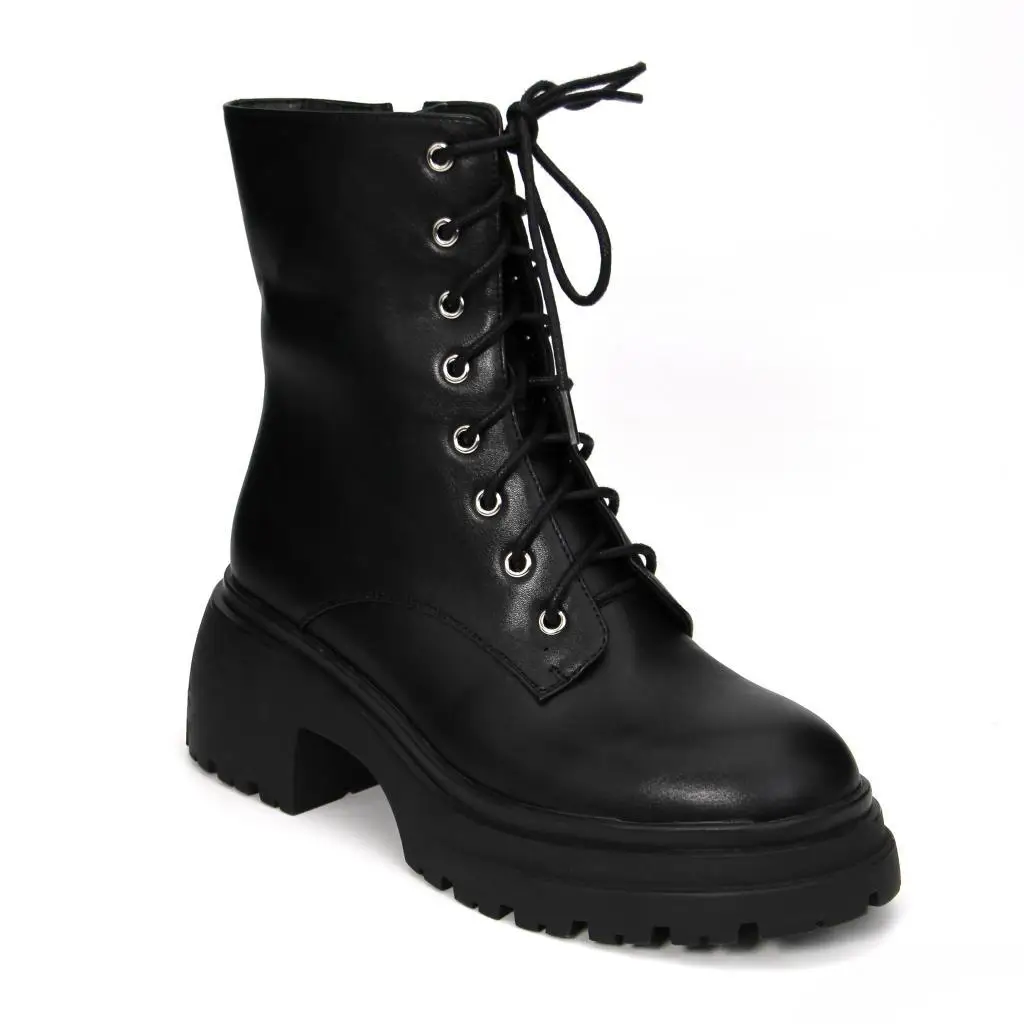 

Hemegot Black Leather 8 Holes Short Boots For Women Platform Chunky High Heels Narrow Band Lace-Up Round Toe Botas Feminino 2025