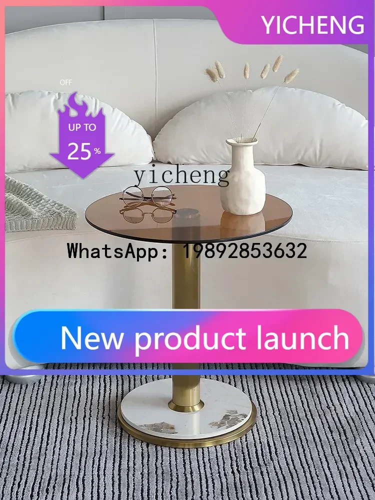 

Personality round Coffee Table Light Luxury Stone Plate Brown Transparent Glass Tea Table Stainless Steel