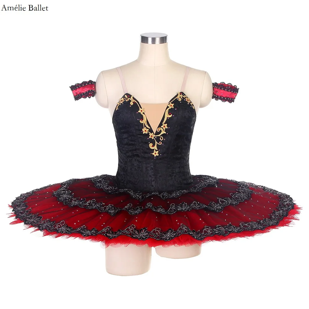 B22100 Black Bodice Professional Tutu With Deep V cut With Gold And Red Applique Decorated For Adult Girl Ballerina Solo Costume