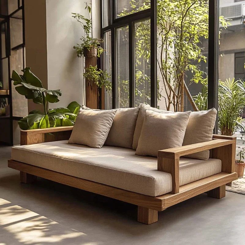 Log wind natural edge furniture medieval wabi-sabi aesthetic living room hotel straight row double seat all solid wood sofa