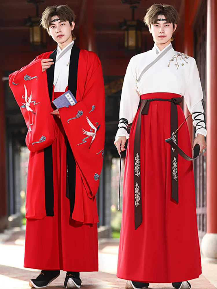 Plus Size Unisex Couple Hanfu Red Crane Embroidery Wide Sleeve Outer Robe Ancient Chinese Wuxia Swordsman Costume Full Set