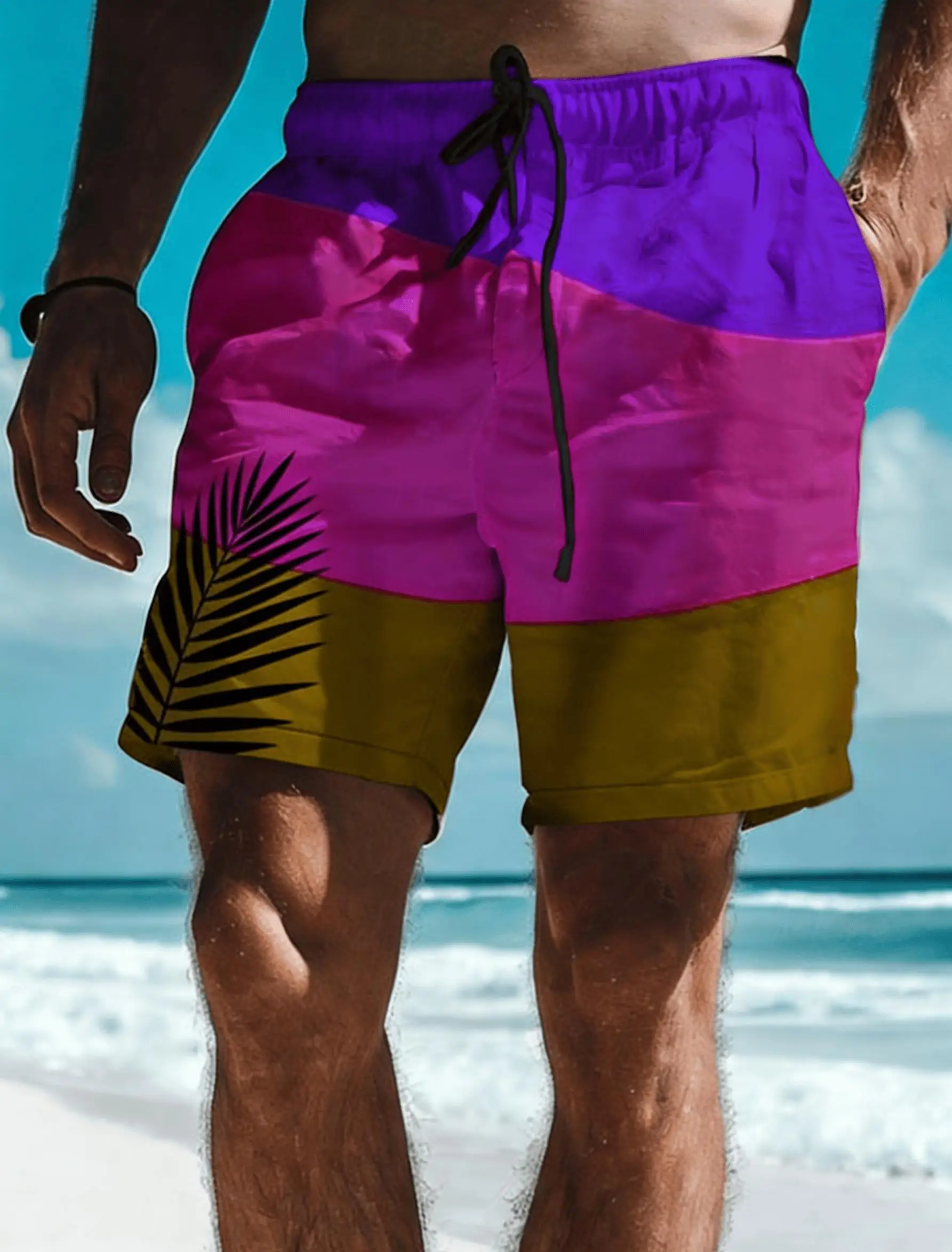 

Men's Purple-Pink Color Block Palm Leaf Print Drawstring Shorts,Spring Summer Vibrant Vacation Casual Shorts, Loose Beach Shorts