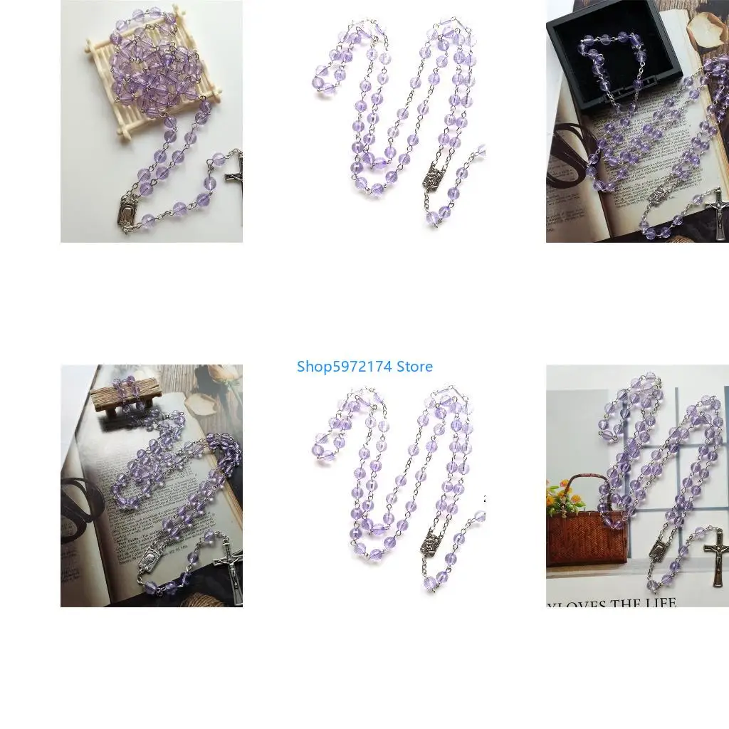 Y3NB Women Acrylic Rosary Necklace Catholic Vintage for Cross Pendant Long Necklace Religious Jewelry for Women Girls