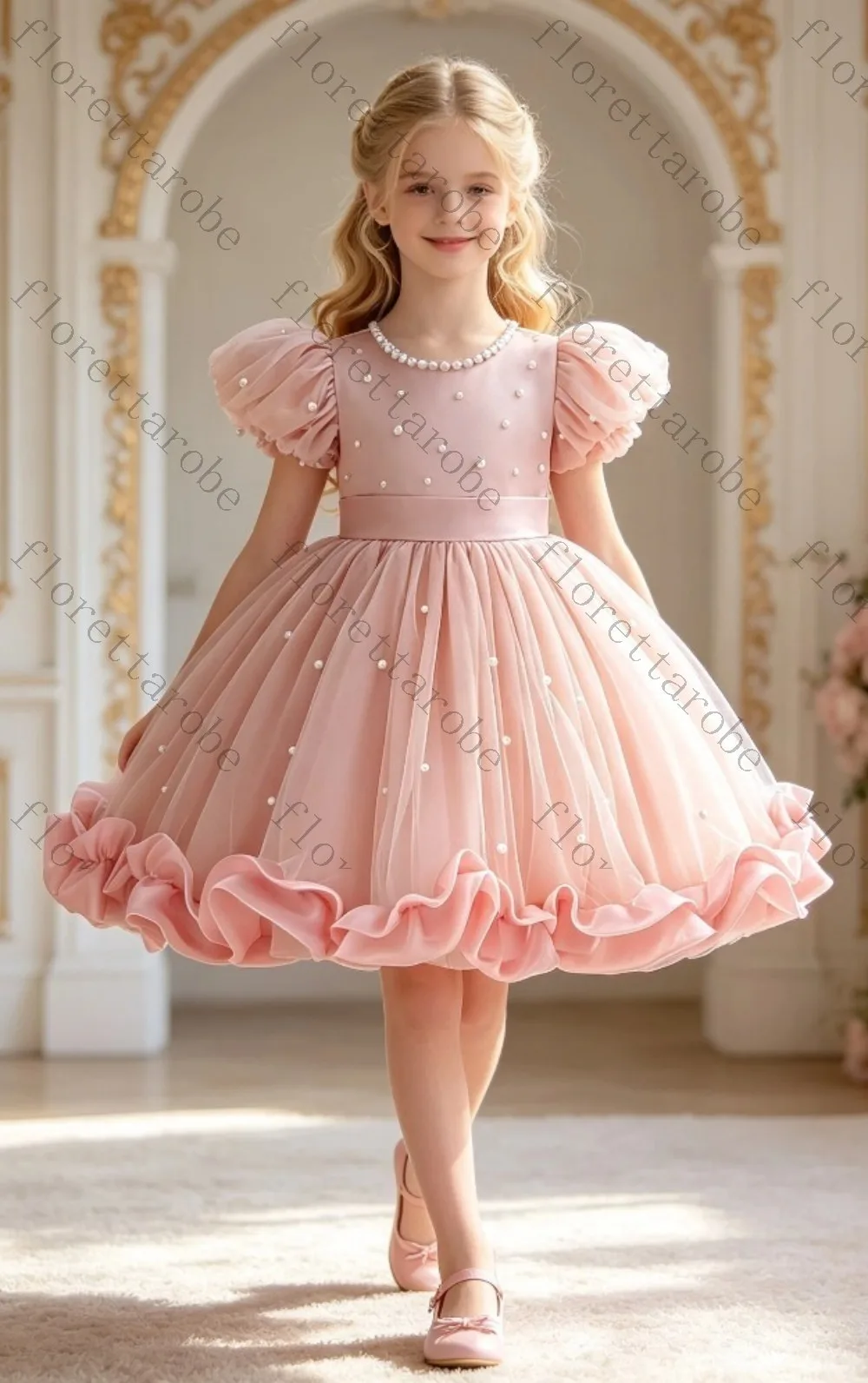 Customized Pink Baby Girl Pearl Tutu Dress Puff Short Sleeve Beaded Neckline Satin Bow Waist Ruffled Skirt for Wedding Birthday