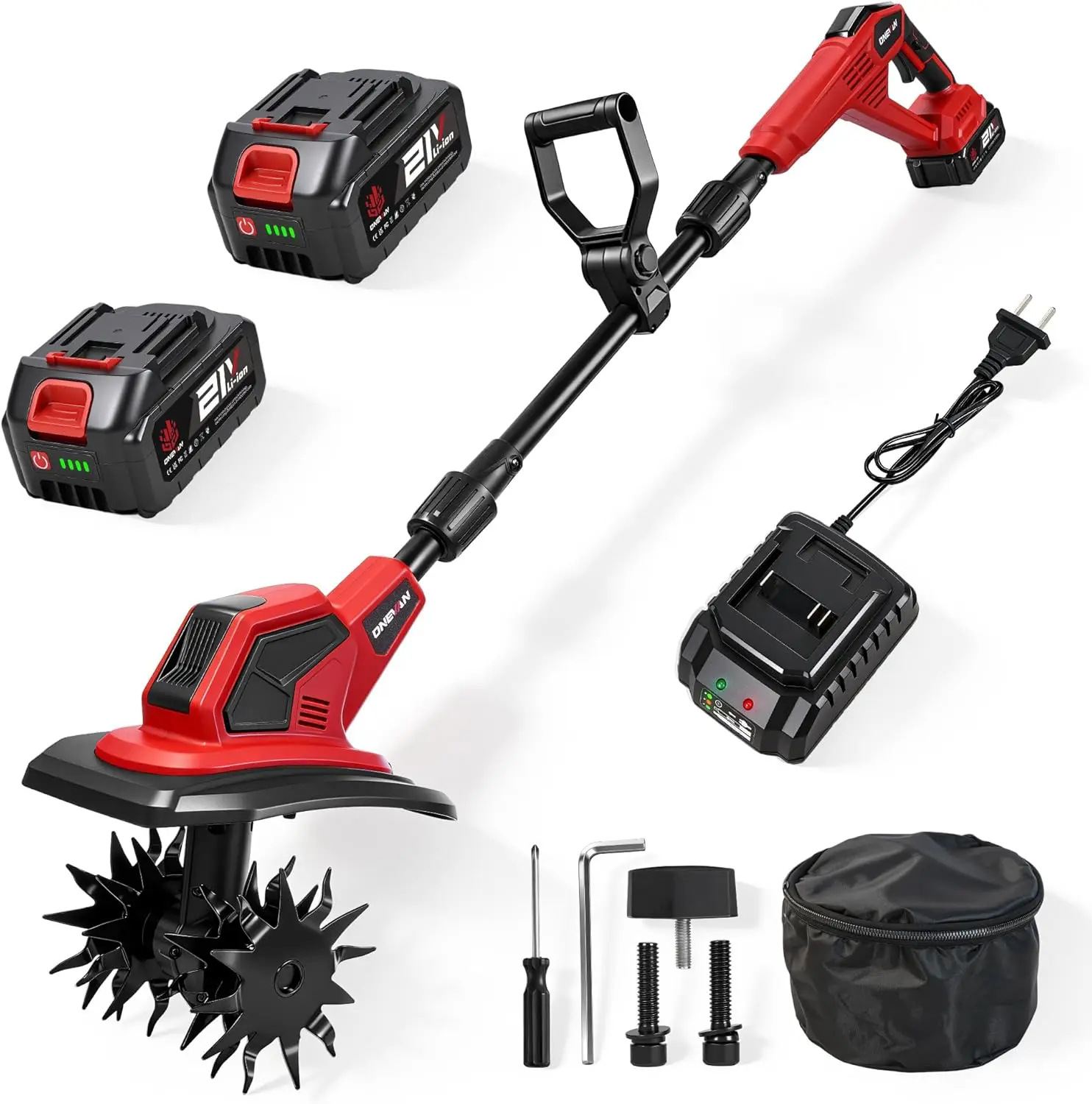 

Cordless Electric Tiller Cultivator for Gardening Lawn Soil Cultivation 360RPM 2x4.0Ah Batteries Charger 9.5In Width 6.7In Depth