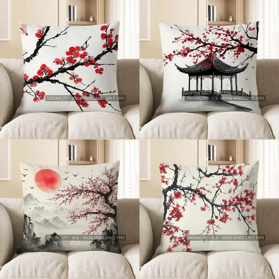Home Decor Red Plum Blossom Pattern Throw Pillow Cover Pattern Cushion Cover Suitable for Sofa Bedroom Car Pillow Cover