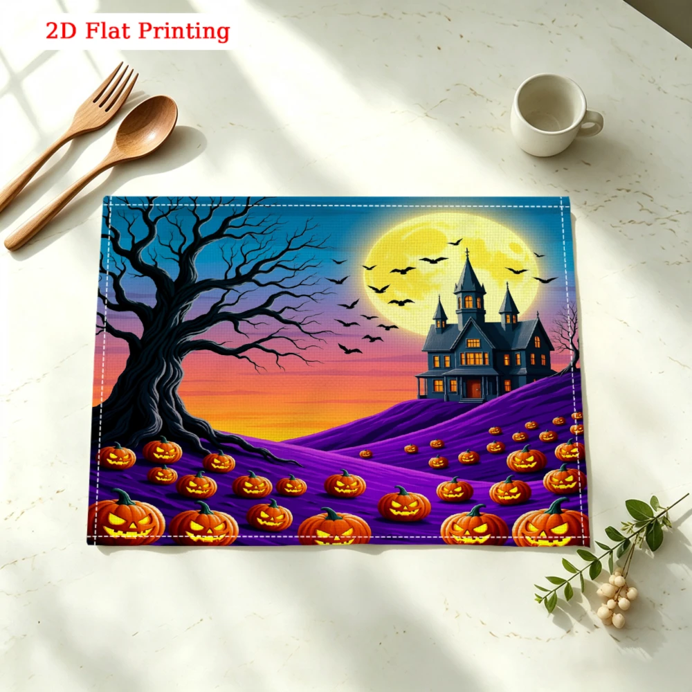 Halloween Pumpkin Haunted House Scene Kitchen Placemat Coaster Linen Pad Dish Coffee Cup Table Mat 30x40cm Home Decor