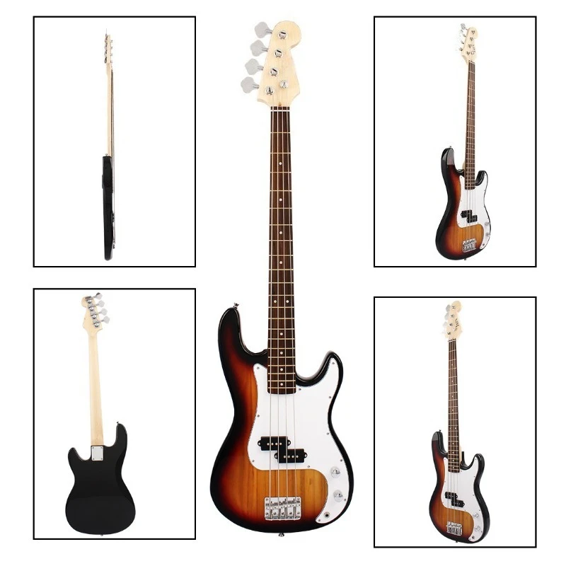 

Electric Bass Guitar 4 String Short Scale Beginner Kids Professional Rock Rich Tone Black Red White Wood Grain Color