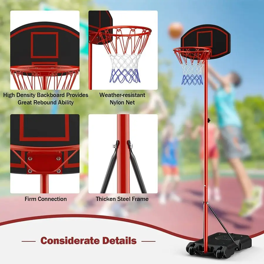 Portable Basketball Hoop Adjustable Height 6.58.5 FT, Backboard System Stand with 2 Wheels, Fillable Base, WeatherResistant Nylo