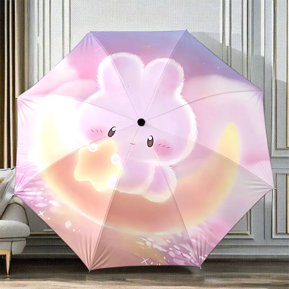 Cute Pink Bunny on Crescent Moon with Star Illustration ,Portable Folding Umbrella, Gift for Family Friends