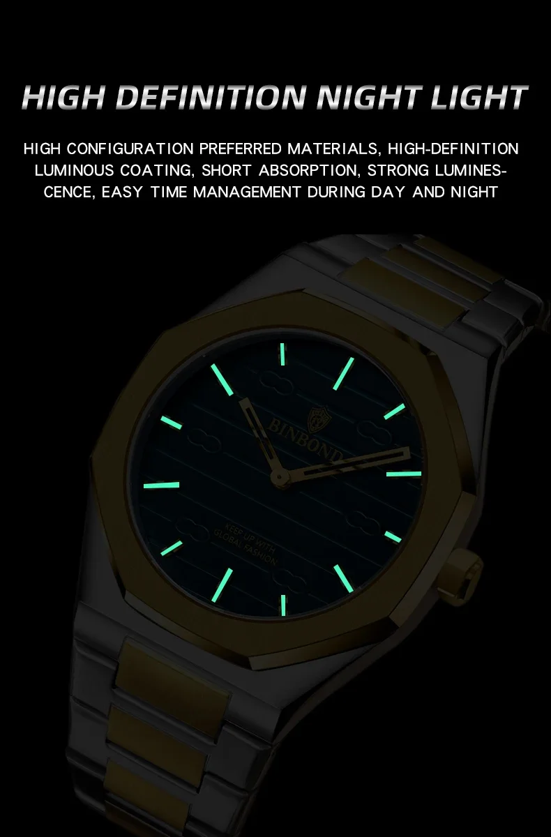 BINBOND B818 Men Watch Light Stainless Steel Men's Top Luxury octagon Waterproof Male Business Leisure Fashion Quartz Watches