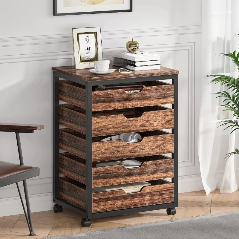 

5 Drawer Chest, Wood Storage Dresser Cabinet with Wheels, Industrial Storage Drawer Organizer Cart for Office Bedroom Entryway