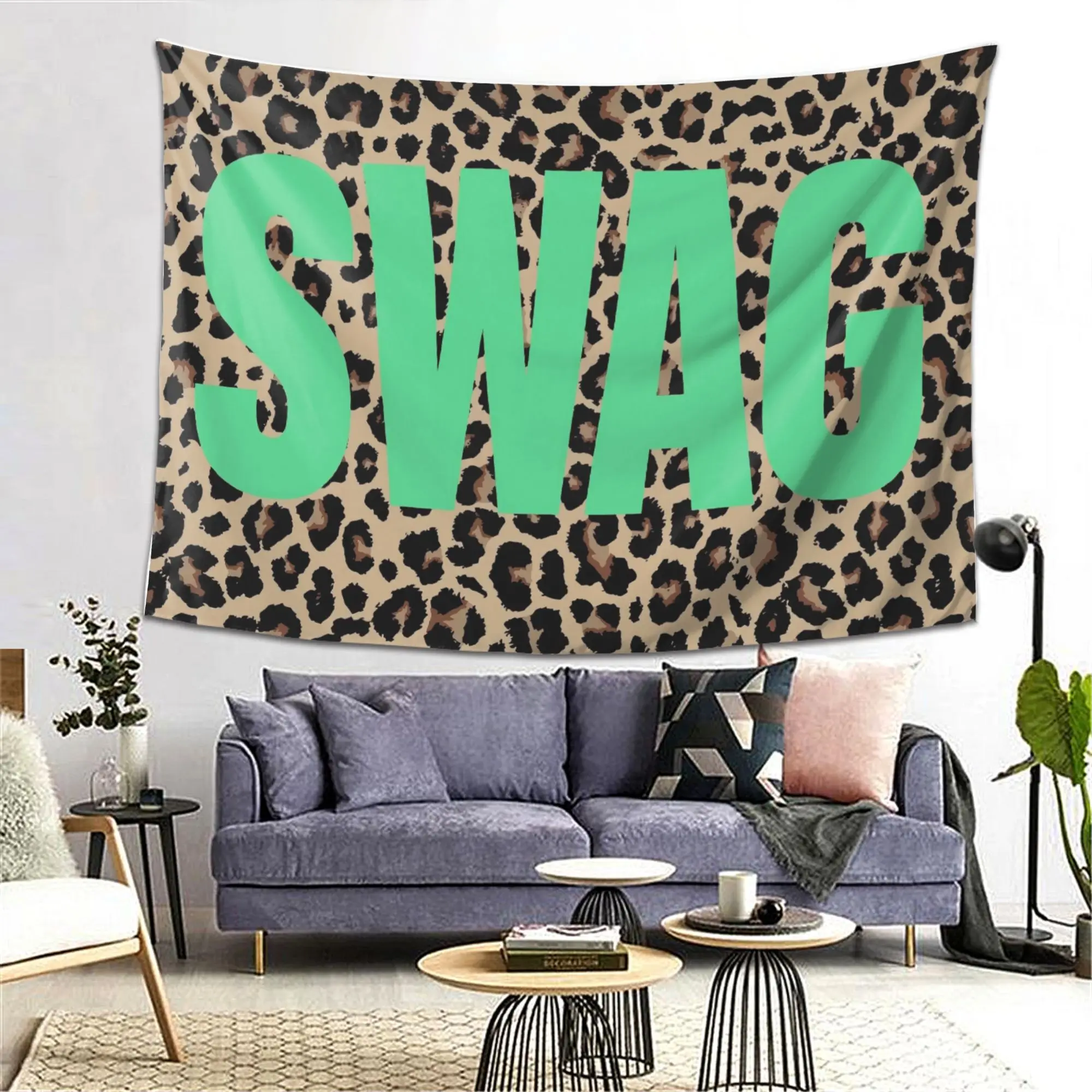 VIKAMA American Spicy Girl Leopard Print SWAG Tapestry, Green Letter Wall Hanging for Bedroom Living Room Decor