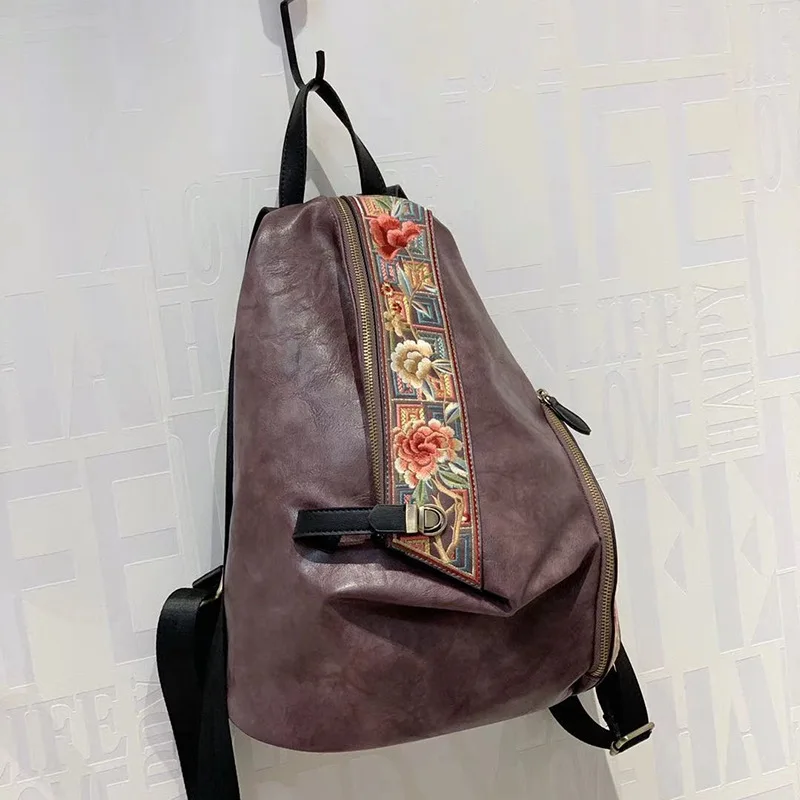 Johnature 2024 New Chinese Style Embroidery Bag High Quality Pu Leather Women Backpack Vintage Large Capacity Female Travel Bags