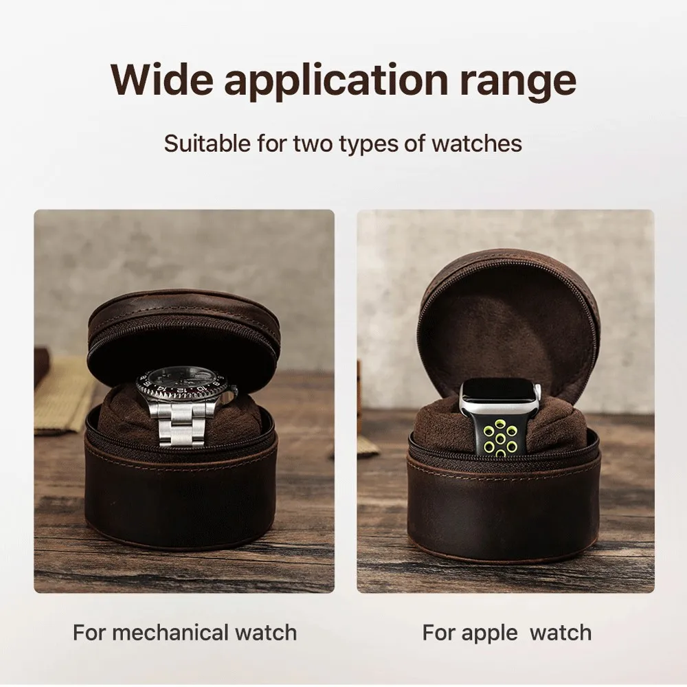 Top Full Grain Leather Single Watch Case Portable Travel Watch Storage Box For Mechanical Watch Apple Watch Zipper Watch Holder