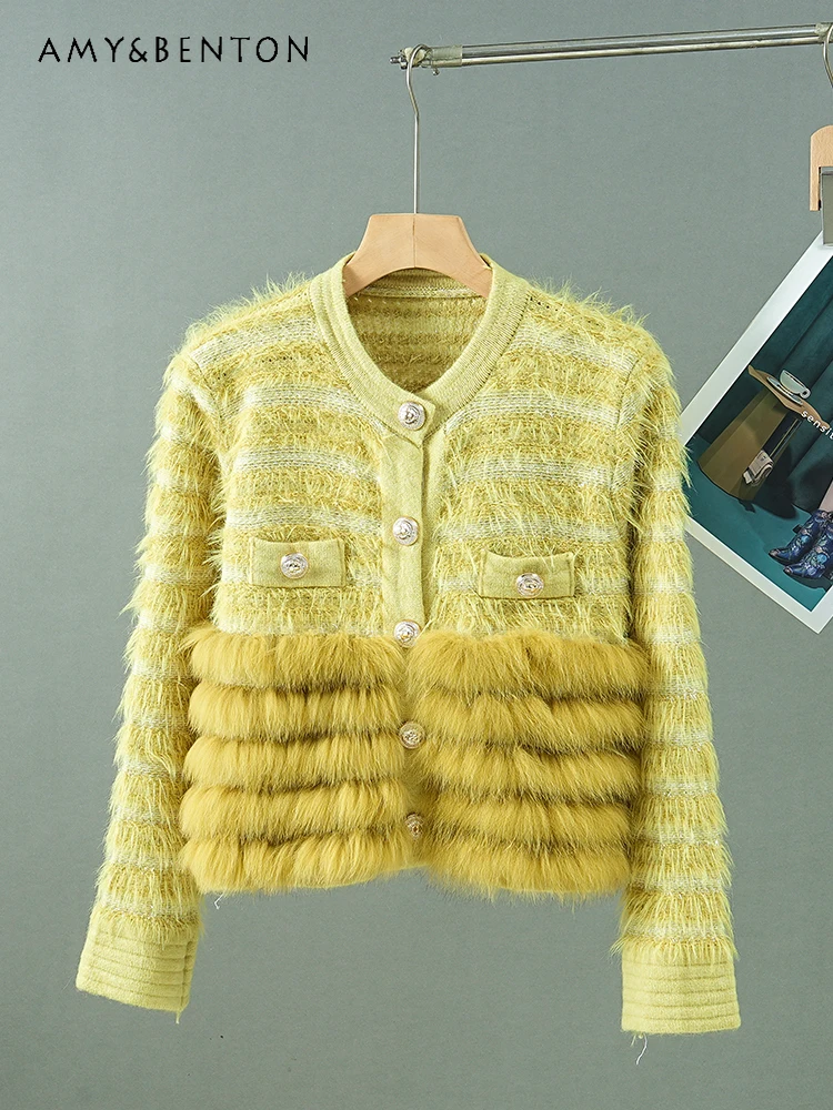 

Temperament Real Fox Hair Splicing V-neck Knitted Cardigan Autumn Winter New High-end Fashion Single-breasted Cropped Cardigan