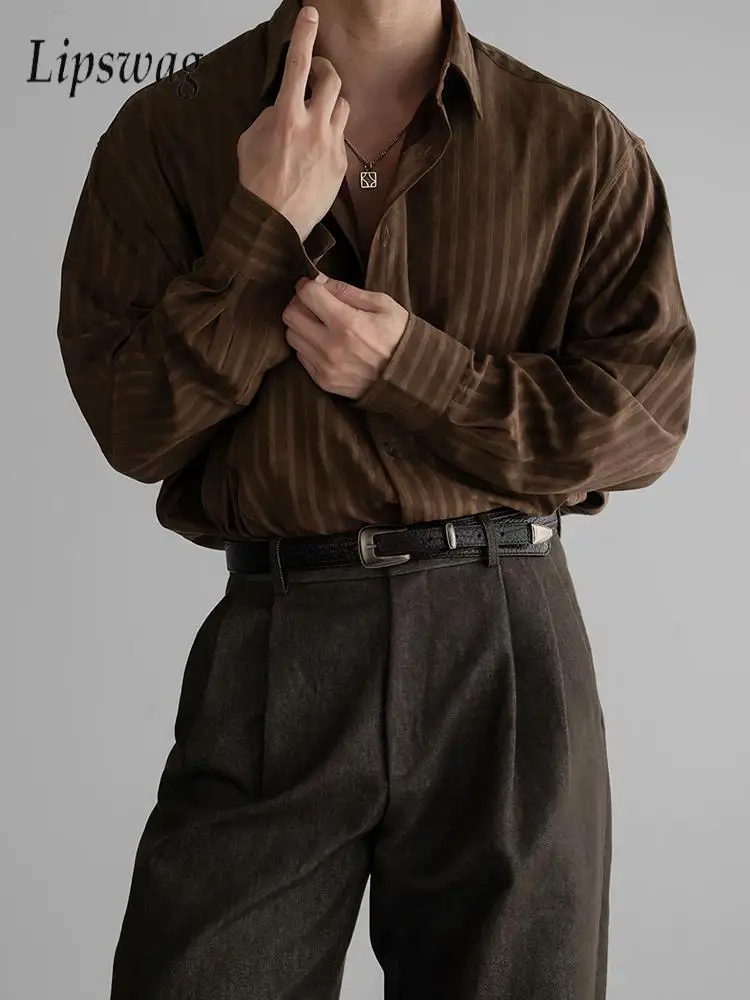 

Винтажные полосатые текстурированные рубашки, мужские весенне-осенние уличные повседневные рубашки на пуговицах с длинным рукавом, мужские модные кардиганы с лацканами