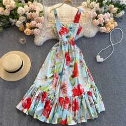 Summer Seaside Holiday Dress Temperament Square Collar Print Slim Mid-length Ruffled Large Swing Suspender Dresses UK865