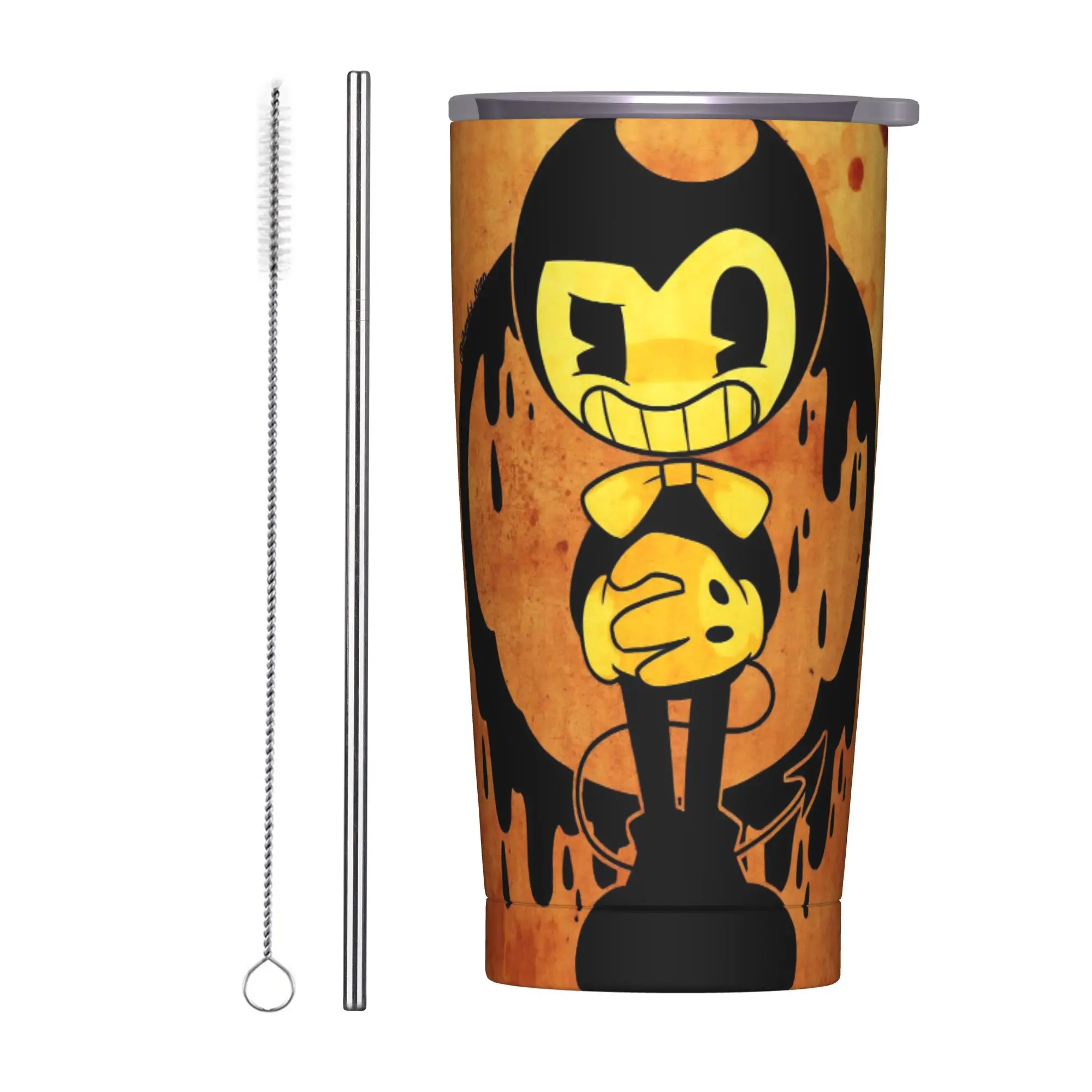 Bendy and the Dark Revival Insulated Tumbler with Straws Gaming Vacuum Thermal Mug Outdoor Travel  Bottle Cups, 20oz