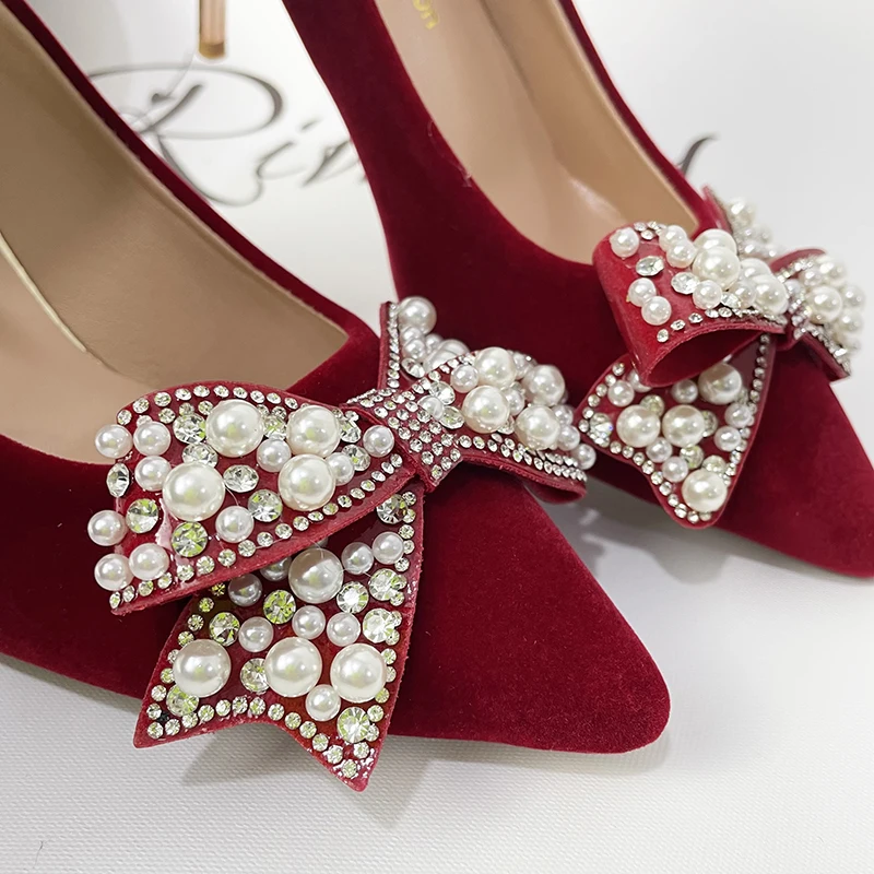 Rimocy Sexy Red Velvet Wedding Shoes for Women 2022 Luxury Pearl Bowknot Pointed Toe Pumps Woman Stiletto High Heels Dress Shoes