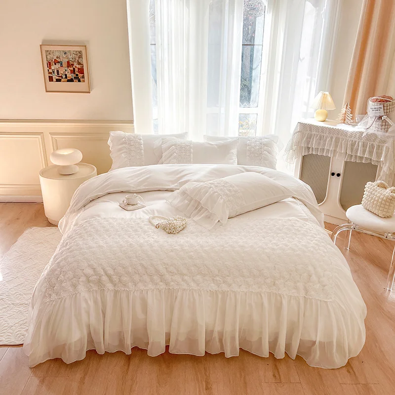 White Pure Cotton Princess Bedding Set Handmade Rose Flowers Embroidery Lace Ruffles Duvet Cover Bedspread Bed Skirt Pillowcases