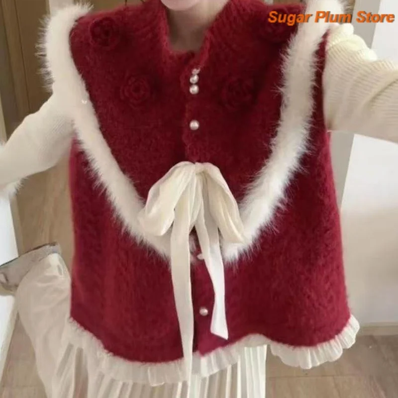 National Wind Chinese Wind Gentle Three-dimensional Flower Vest Women's Autumn and Winter New Fashion Joker Folded Bow Knit Coat