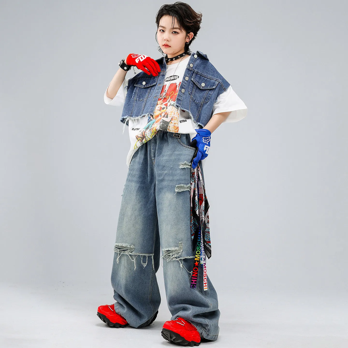Kids K-pop Hip Hop Street Dance Blue Raw Hem Crop Vest Top Ripped Wide Leg Jeans Pants Girl Boy Costume Clothes Clothing outfits