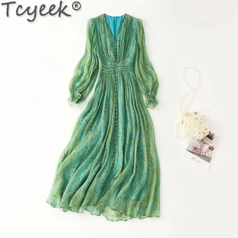 

Spring Tcyeek Summer Midi Woman Clothes High-end 100% Mulberry Real Silk Elegant es V-neck Print Dress Women Vestidos