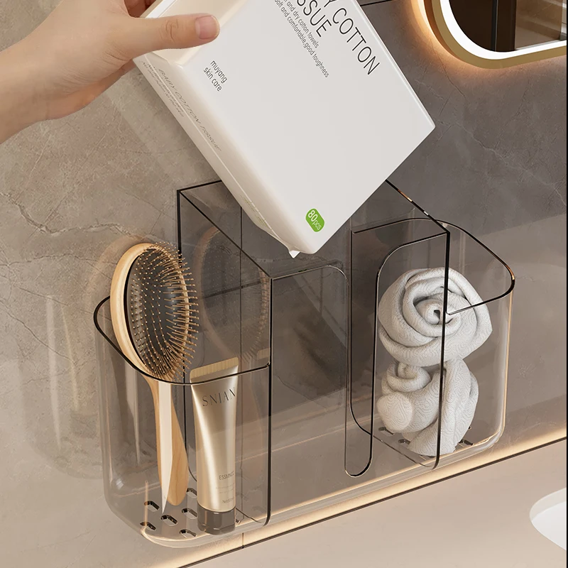 Wall Mounted Bathroom Storage Box Punch-Free Toothbrush Toothpaste Organizer Box Transparent Paper Tissue Razor Storage Rack
