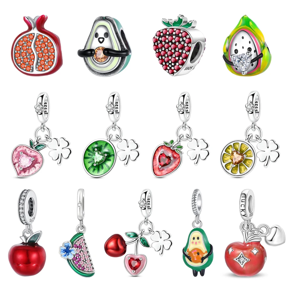 

Exquisite 925 Sterling Silver Strawberry Beads & Cherry Four-Leaf Clover Dangle Charm Fits Bracelet & Fruit Party Pendant Gifts