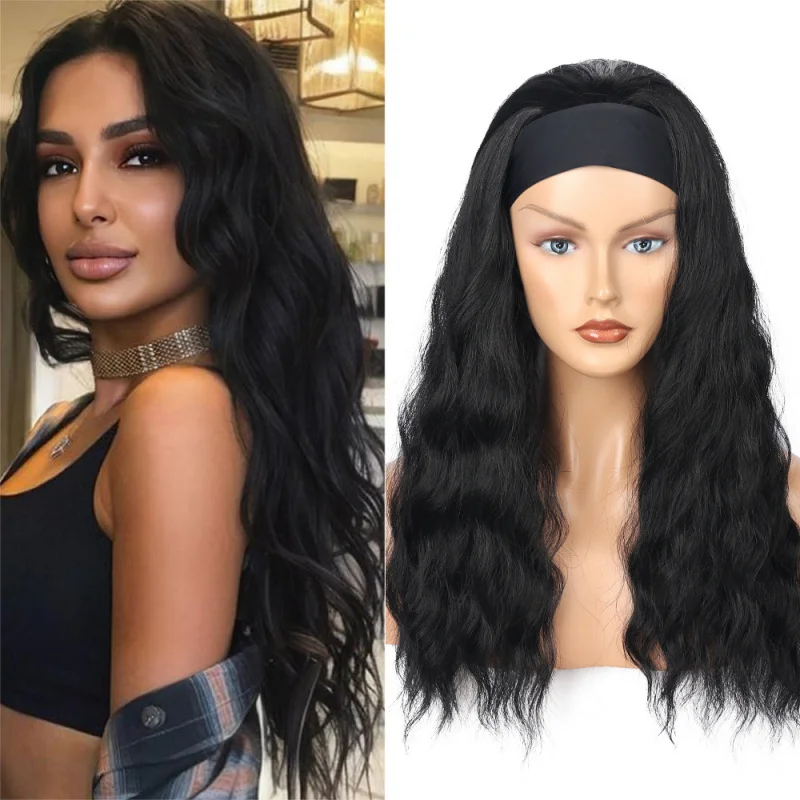 

European and American style women's wavy synthetic wig with ice silk headband, long black curly hair