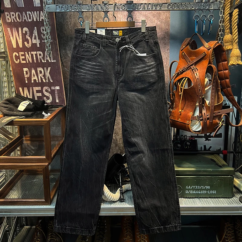 

Indigo Dyed Heavyweight Autumn American Vintage Casual Denim Jeans Men's Relaxed Straight Black-Grey Washed Pants High Quality