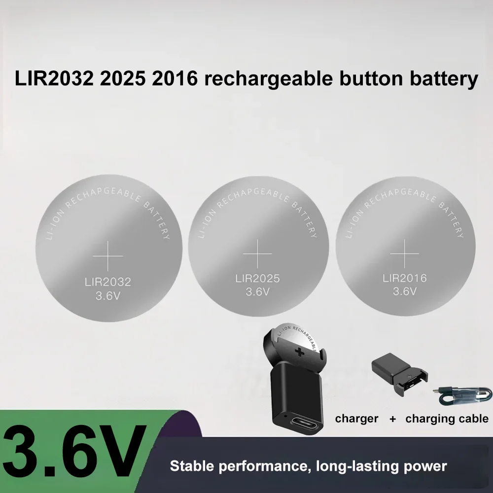 New LIR2032 LIR1632 LIR2025 LIR2016 LIR2032H Long Lasting C-type Lithium Coin Rechargeable Battery and Charger Button Cell