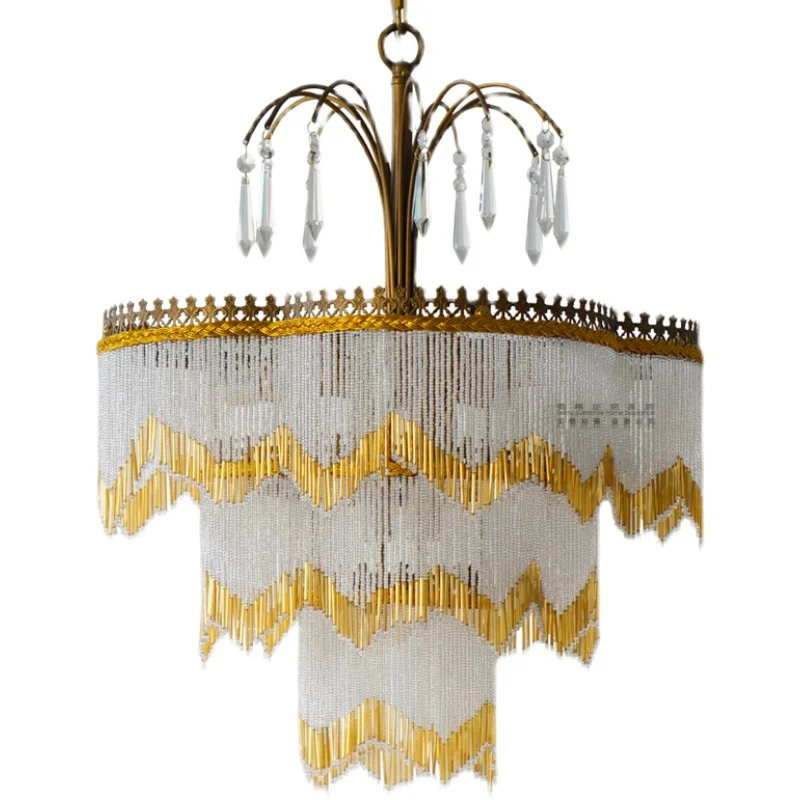 

French vintage chandelier American all-copper dining room bedroom versatile crystal fringed pastoral study lamp