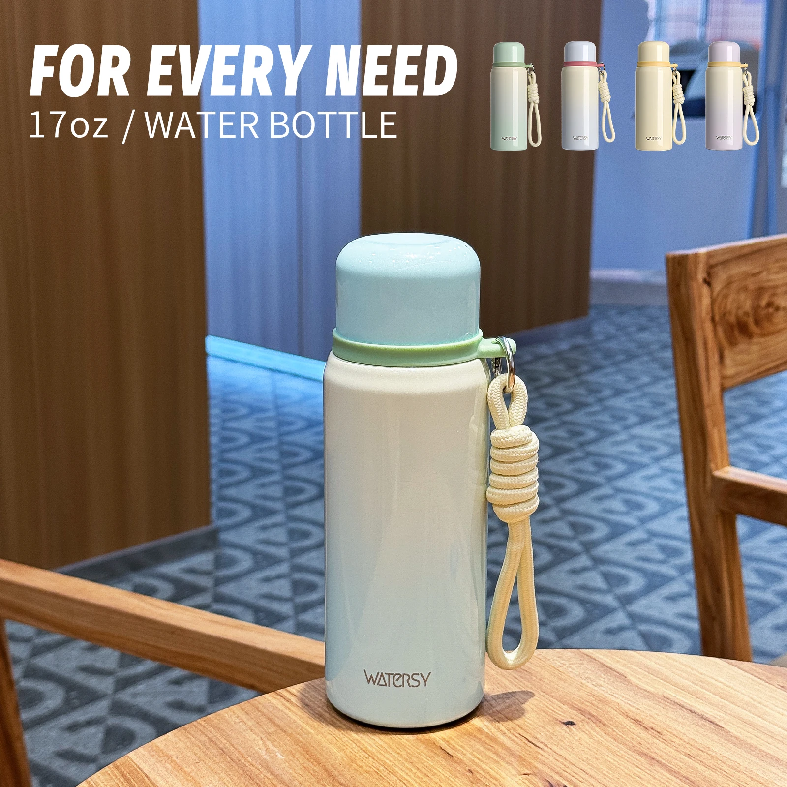 WATERSY 500 ml isolierte Wasserflasche, Thermobecher aus Edelstahl 316, mit Riemen und Deckel, doppelte Isolierflasche für Büroreisen